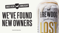 BrewDog Under New Ownership announcement with a foamy beer can.