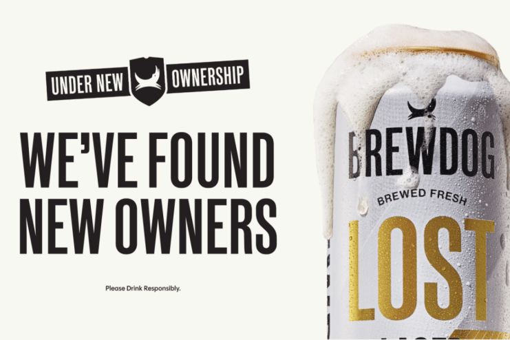 BrewDog Under New Ownership announcement with a foamy beer can.