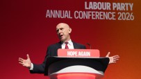 Lord Peter Mandelson speaking at a podium with Labour Party Annual Conference 2026 and Hope Again visible