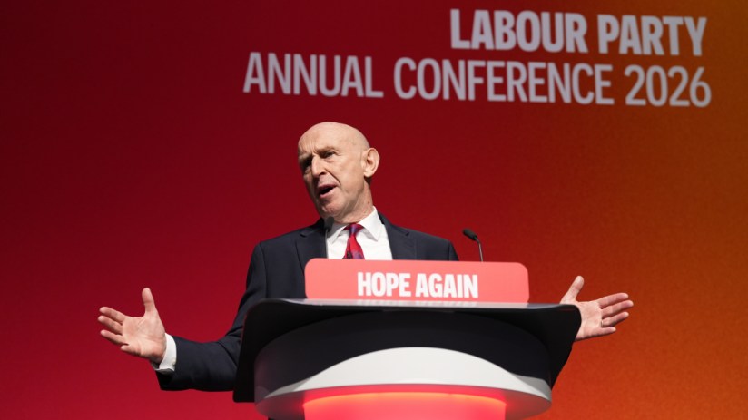Lord Peter Mandelson speaking at a podium with Labour Party Annual Conference 2026 and Hope Again visible