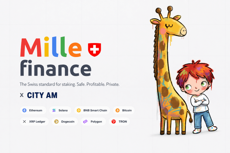 Mille Finance and City AM branding with a giraffe and child, showcasing crypto staking options.
