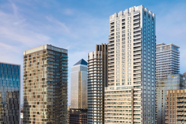 Exterior view of modern residential and commercial towers, including Ballymores 25 Cuba, under a blue sky.