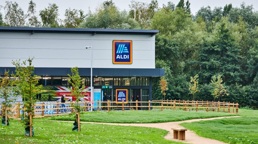 Exterior view of an Aldi supermarket with its prominent logo, surrounded by green trees and a grassy area with a walking p...