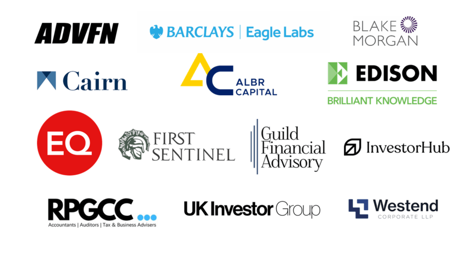 Logos of Aquis Showcase 2026 sponsors: ADVFN, Barclays Eagle Labs, Blake Morgan, Cairn, ALBR Capital, Edison, EQ, First Se...