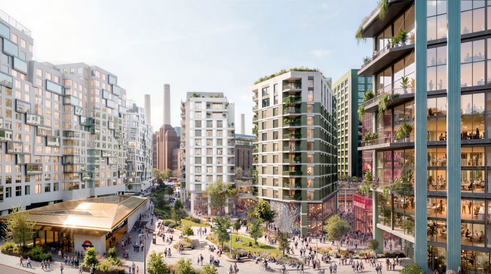 CGI of Battersea Power Stations Next Chapter development featuring modern buildings, green spaces, and a busy Tube station.