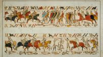 Bayeux Tapestry depicting soldiers on horseback and on foot in battle, with decorative borders.