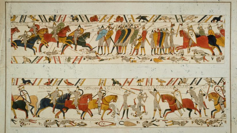 Bayeux Tapestry depicting soldiers on horseback and on foot in battle, with decorative borders.