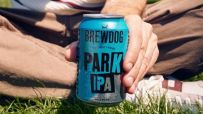 Hand holding a blue BrewDog Park IPA can with condensation, sitting on green grass
