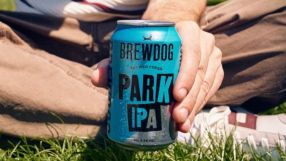 Hand holding a blue BrewDog Park IPA can with condensation, sitting on green grass
