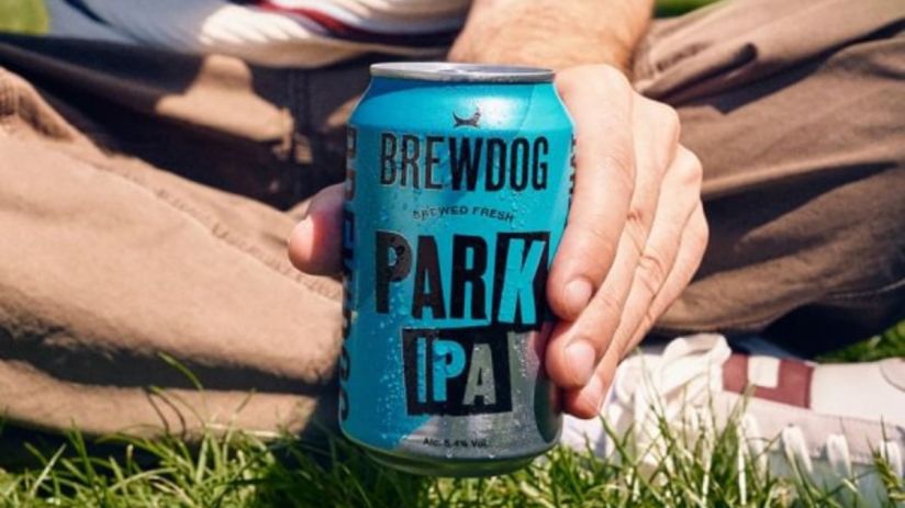 Hand holding a blue BrewDog Park IPA can with condensation, sitting on green grass