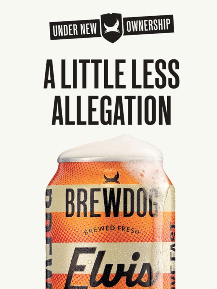 BrewDog beer can with foam, text Under New Ownership and A Little Less Allegation
