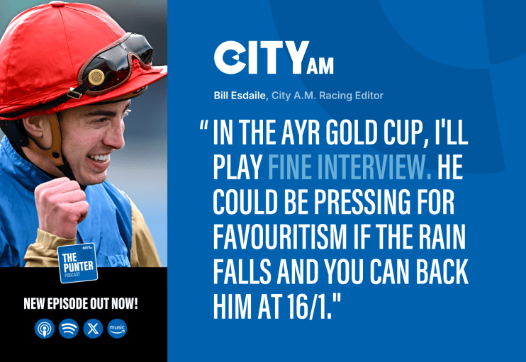 Smiling jockey in red helmet and blue silks, with CityAM branding and racing editor quote.