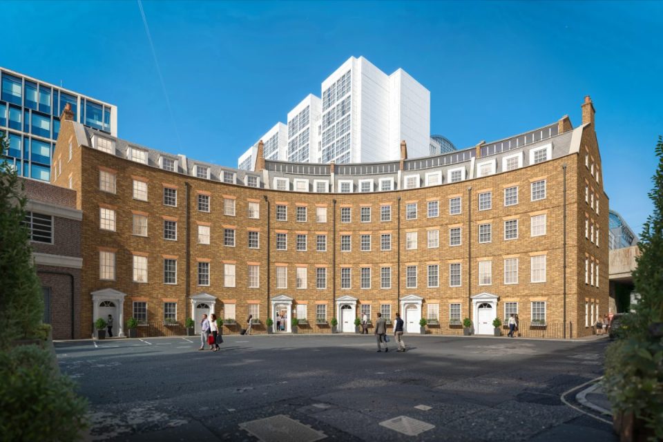 Curved brick crescent residential building with modern white high-rise in background on a sunny day.