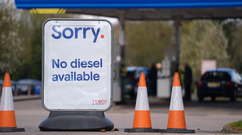 Tesco sign states Sorry. No diesel available at a petrol station with orange traffic cones