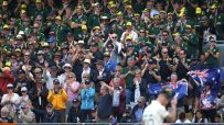 Crowd of Australian cricket fans cheering, many wearing green and gold uniforms and hats, some holding flags.