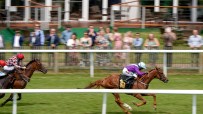 Two jockeys on brown horses race on a green track past spectators at a horse racing event.