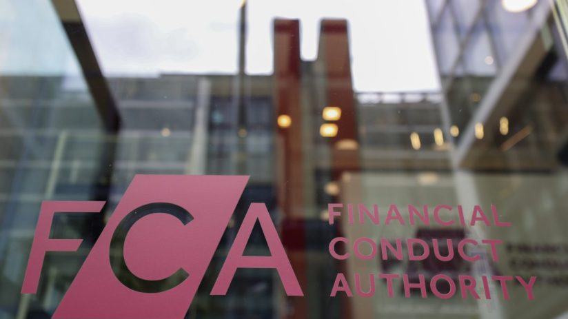 FCA logo and text Financial Conduct Authority on a glass building, reflecting the interior