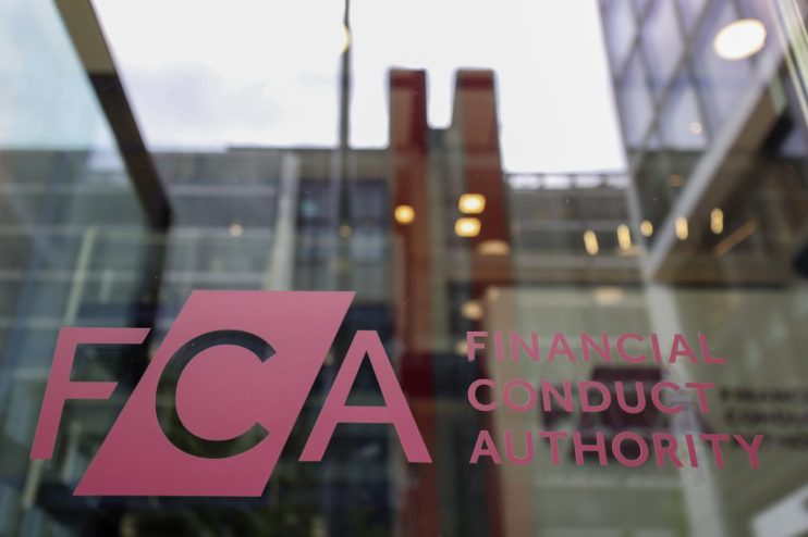FCA logo and text Financial Conduct Authority on a glass building, reflecting the interior