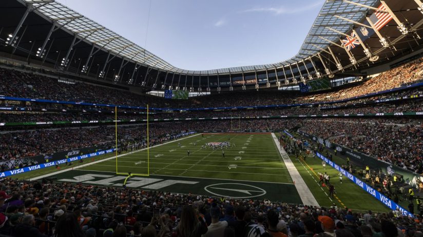 NFL London Games at Tottenham Hotspur Stadium, with fans watching the New York Jets play