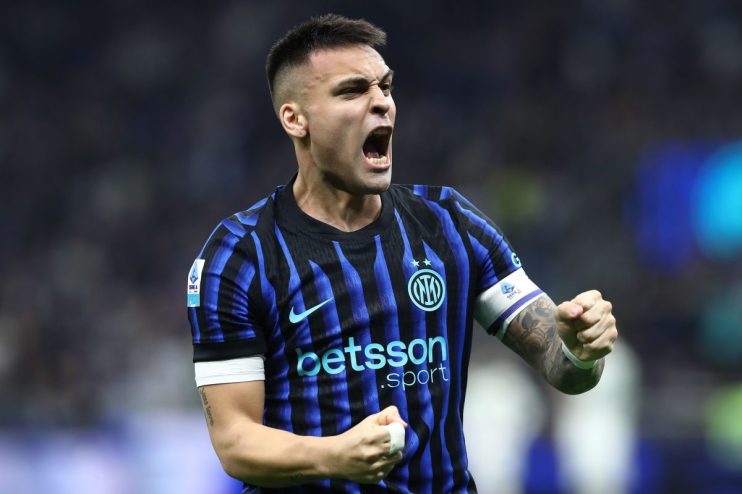 Lautaro Martinez celebrating passionately in his black and blue Inter Milan football jersey