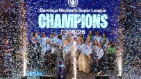Manchester City Womens Super League champions celebrating with confetti, sparklers, and large screen display 2025/26