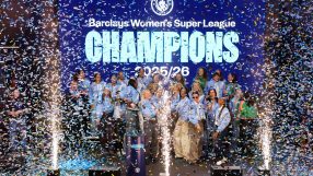 Manchester City Womens Super League champions celebrating with confetti, sparklers, and large screen display 2025/26