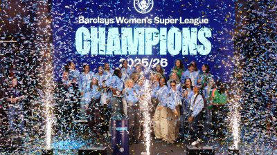Manchester City Womens Super League champions celebrating with confetti, sparklers, and large screen display 2025/26