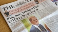 Prince Harry on The Times front page, headline King puts William first as Harry heads home