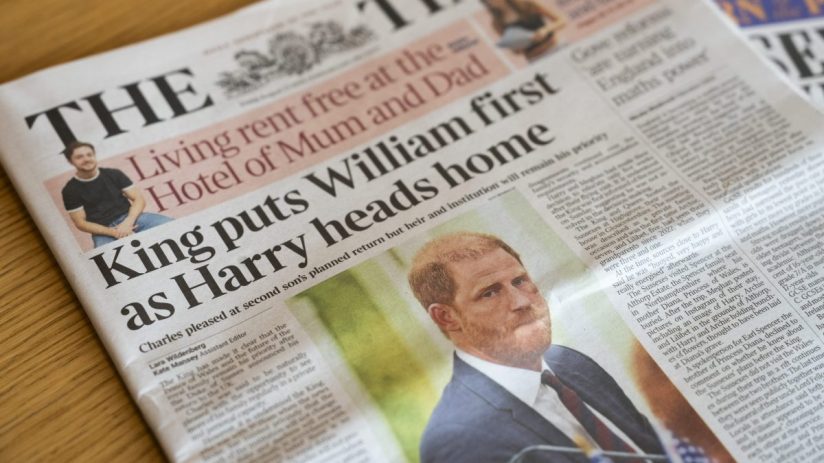 Prince Harry on The Times front page, headline King puts William first as Harry heads home
