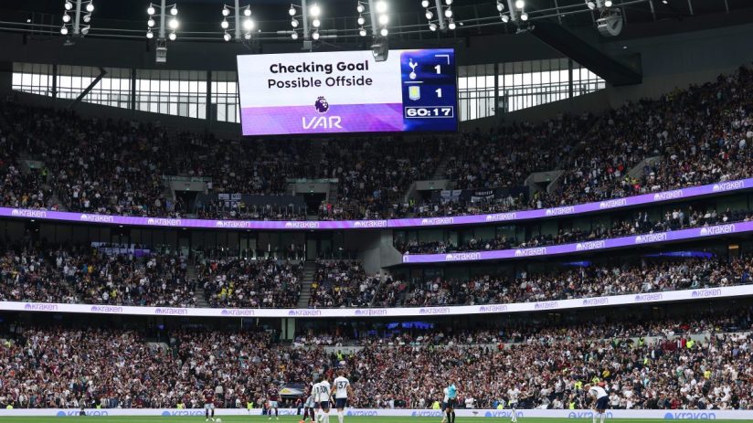 VAR screen at a Tottenham Hotspur Stadium match showing Checking Goal Possible Offside, score 1-1.