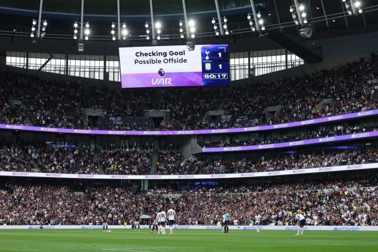 VAR screen at a Tottenham Hotspur Stadium match showing Checking Goal Possible Offside, score 1-1.