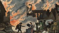 17th-century engraving of the Great Fire of London, people fleeing burning buildings and church with flames in sky