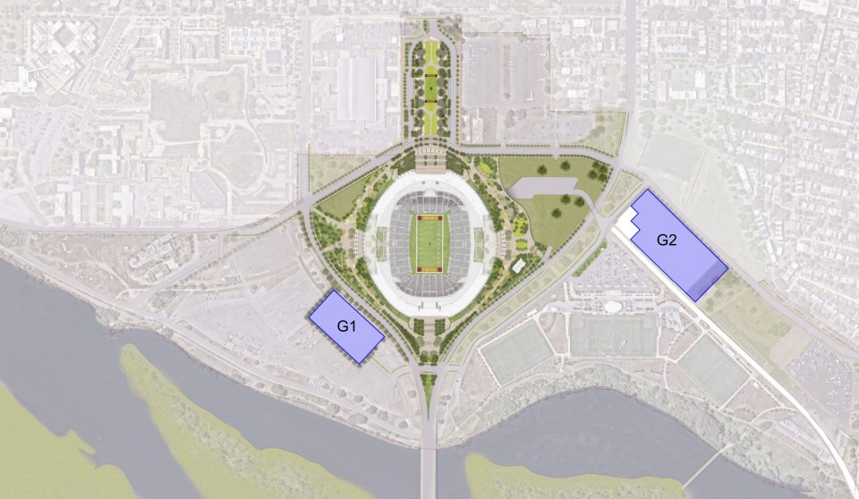 Overhead plan view of a proposed stadium development, with a large Commanders football stadium at the center
