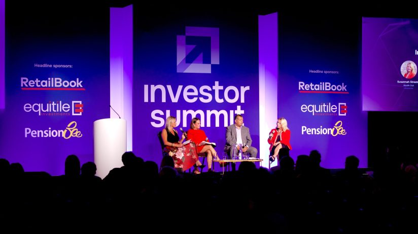 Panelists discuss at the Investor Summit, with RetailBook, Equitile, and PensionBee sponsor logos displayed.
