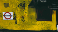 Abstract painting of a yellow London Underground wall with a Kennington station sign and dark elements