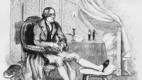 Vintage illustration of a man suffering from gout, seated in an armchair with his leg elevated