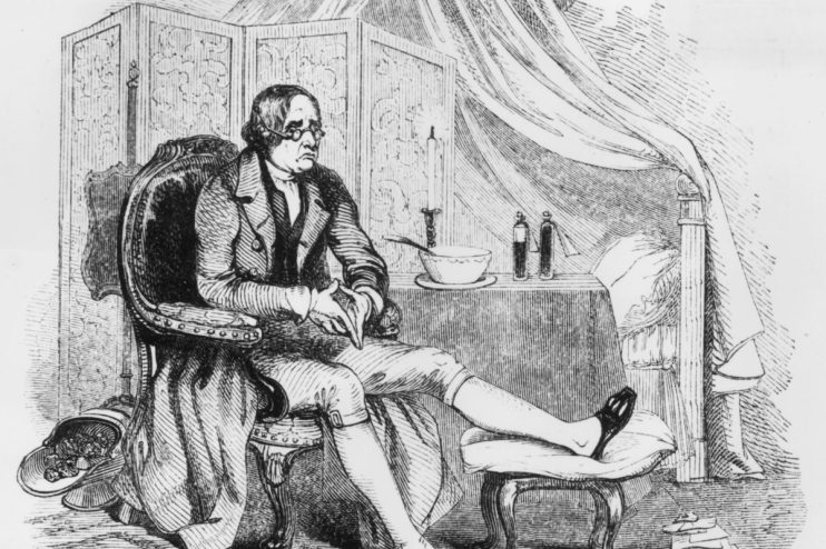 Vintage illustration of a man suffering from gout, seated in an armchair with his leg elevated