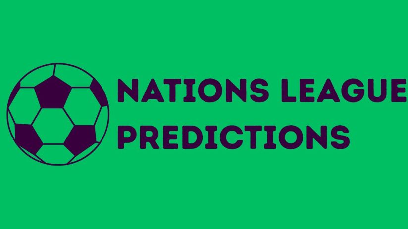 Nations League Predictions text with a black and purple soccer ball on a green background