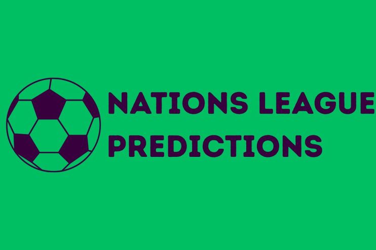 Nations League Predictions text with a black and purple soccer ball on a green background