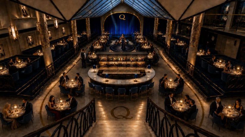 Elegant interior of Quaglinos London restaurant, showing guests dining and a central bar with a performer on stage.