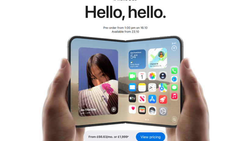 Hands holding an iPhone Duo, a foldable smartphone displaying widgets and app icons on a white background.