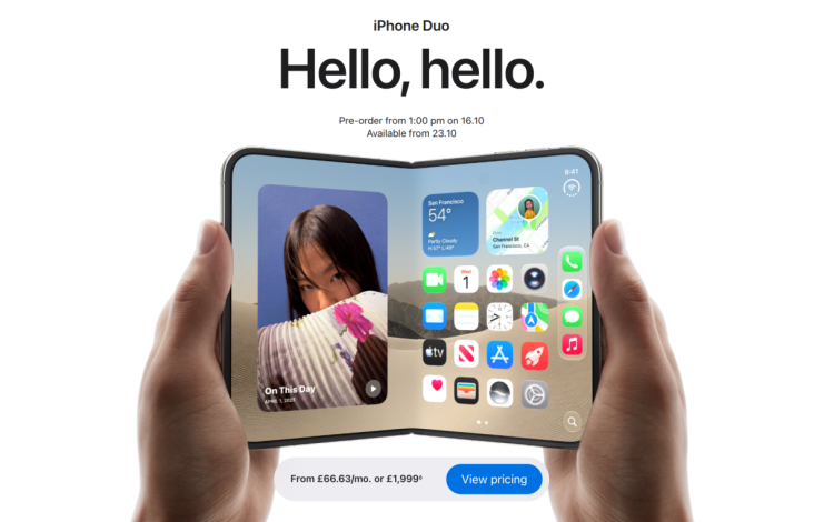 Hands holding an iPhone Duo, a foldable smartphone displaying widgets and app icons on a white background.
