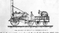 Historical illustration of Stephensons Rocket, an early steam locomotive with two men and a barrel on a tender car.