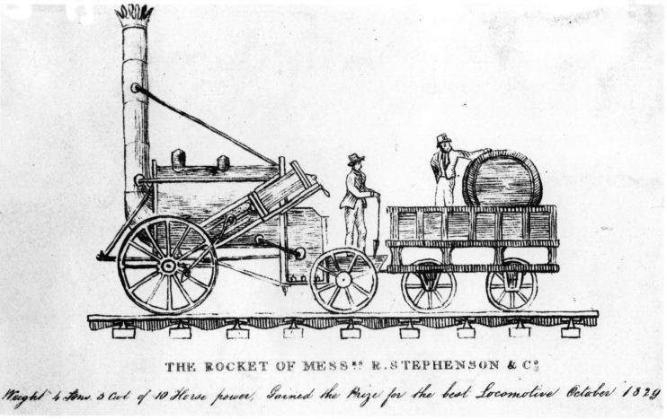 Historical illustration of Stephensons Rocket, an early steam locomotive with two men and a barrel on a tender car.