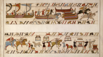 Detailed section of the Bayeux Tapestry showing soldiers, horses, ships, and daily life scenes.