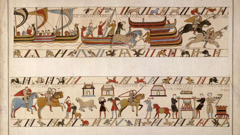 Detailed section of the Bayeux Tapestry showing soldiers, horses, ships, and daily life scenes.