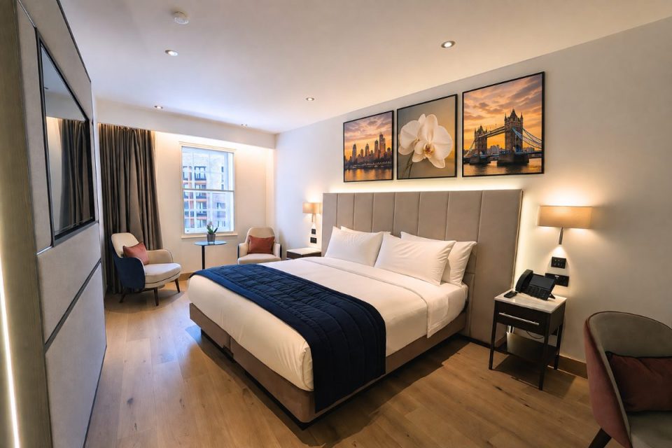 Tower Suites by Blue Orchid Hospitality Crescent bedroom Superior Studio with blue throw, London artwork