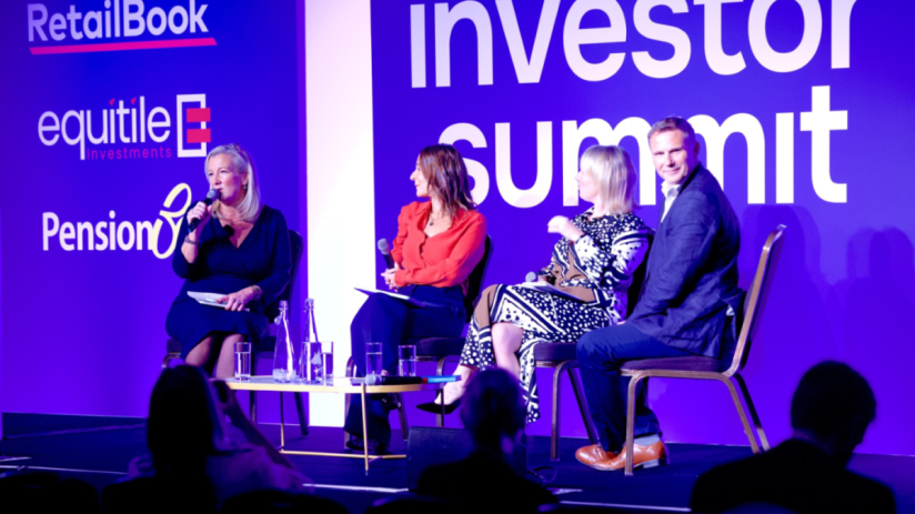 Panelists on stage at an Investor Summit, with logos for RetailBook, Equitile Investments, and Pension visible.