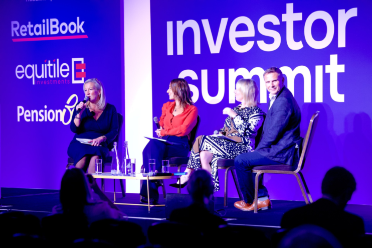 Panelists on stage at an Investor Summit, with logos for RetailBook, Equitile Investments, and Pension visible.
