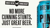 BrewDog Punk IPA can and beer glass next to Under New Ownership: No More Cunning Stunts. Just Great Beer.